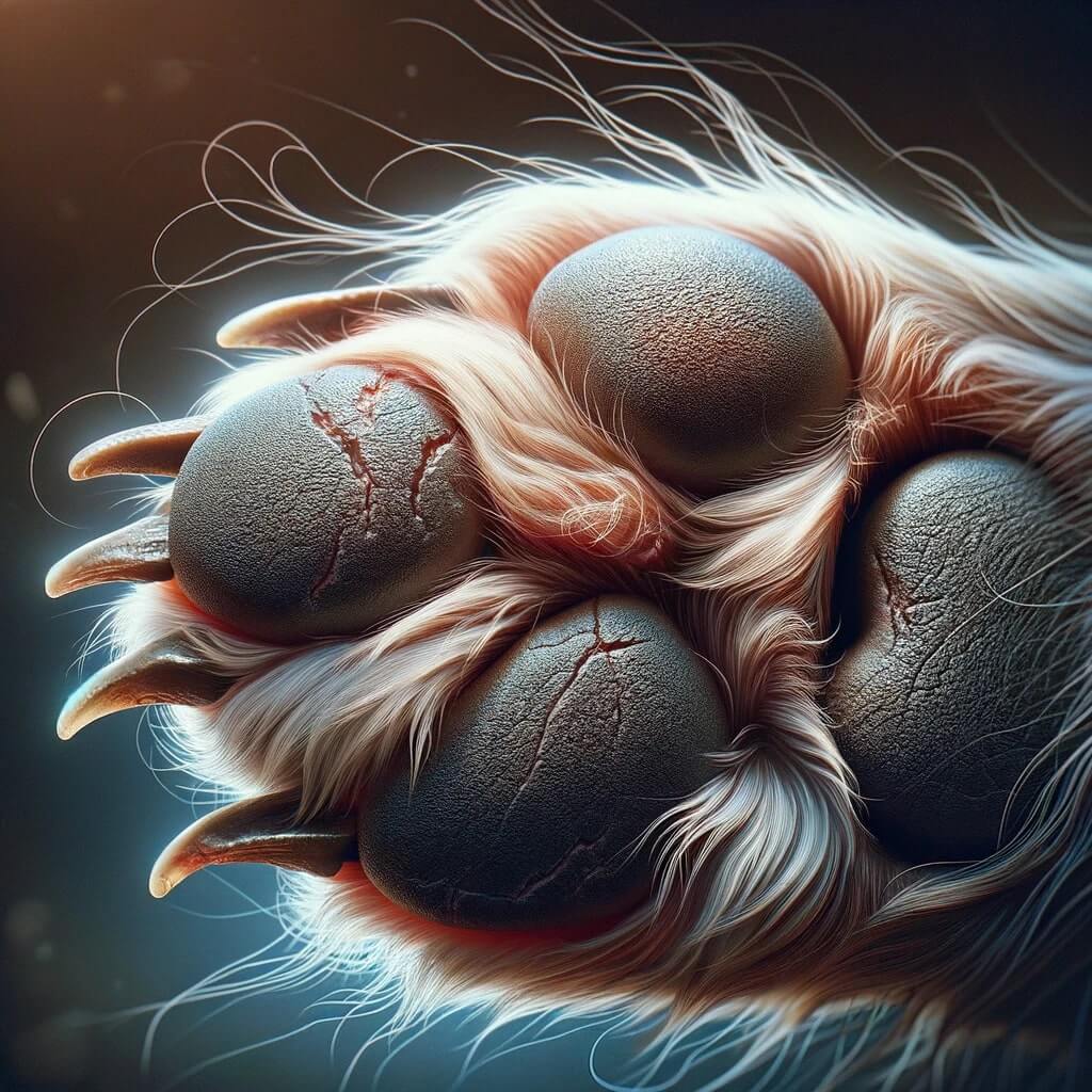 highly detailed and realistic depiction of a dog's paw, focusing on an injured or broken dew claw. The image should capture the texture of