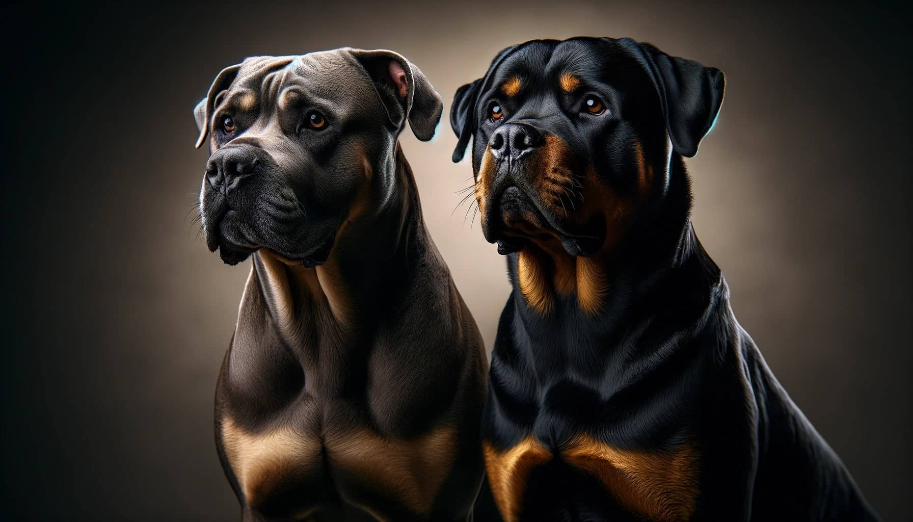 powerful Cane Corso and a robust Rottweiler side by side, captured with a focus that highlights their individual features and shared dedication as guard dogs