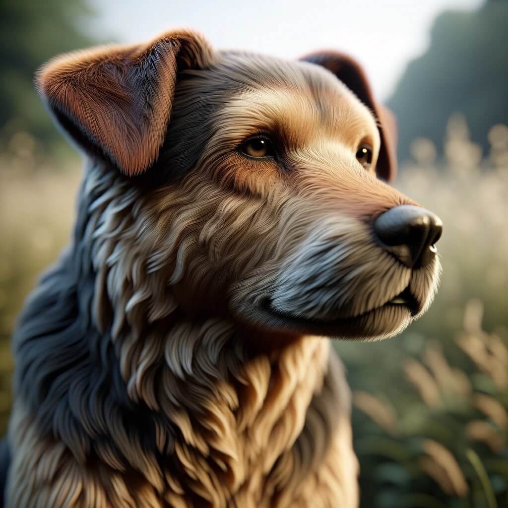 realistic depiction of a dog. The image should capture the essence of a dog in a natural setting, highlighting its fur