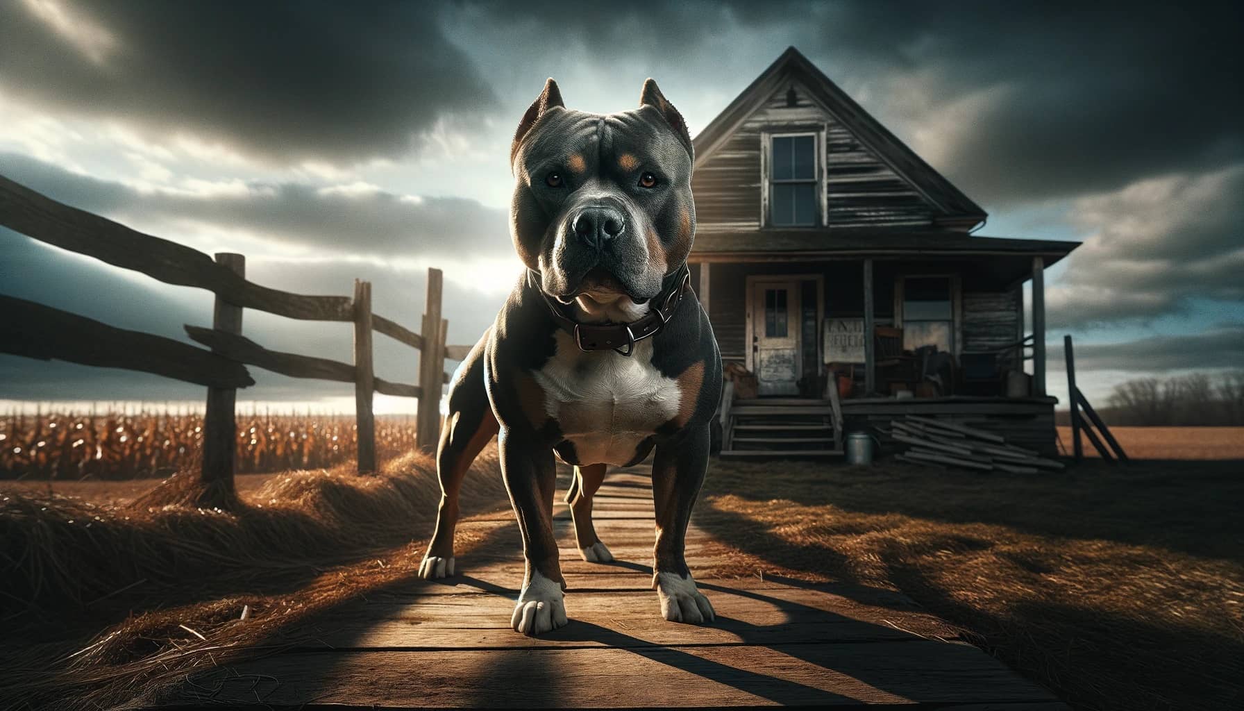 American Pit Bull Terrier standing alert in front of a rustic, American farmhouse, set against the backdrop of dramatic, late afternoon lighting