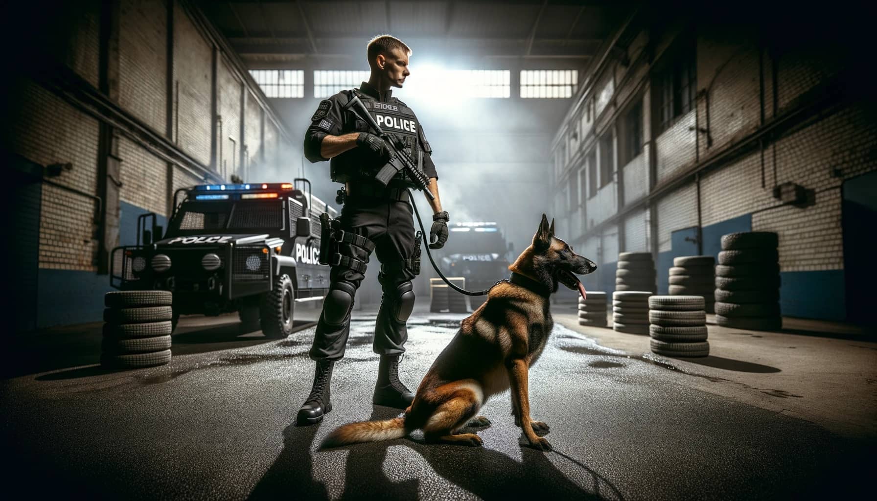 highly-trained Belgian Malinois police dog and its handler ready for action in an urban police K-9 training facility