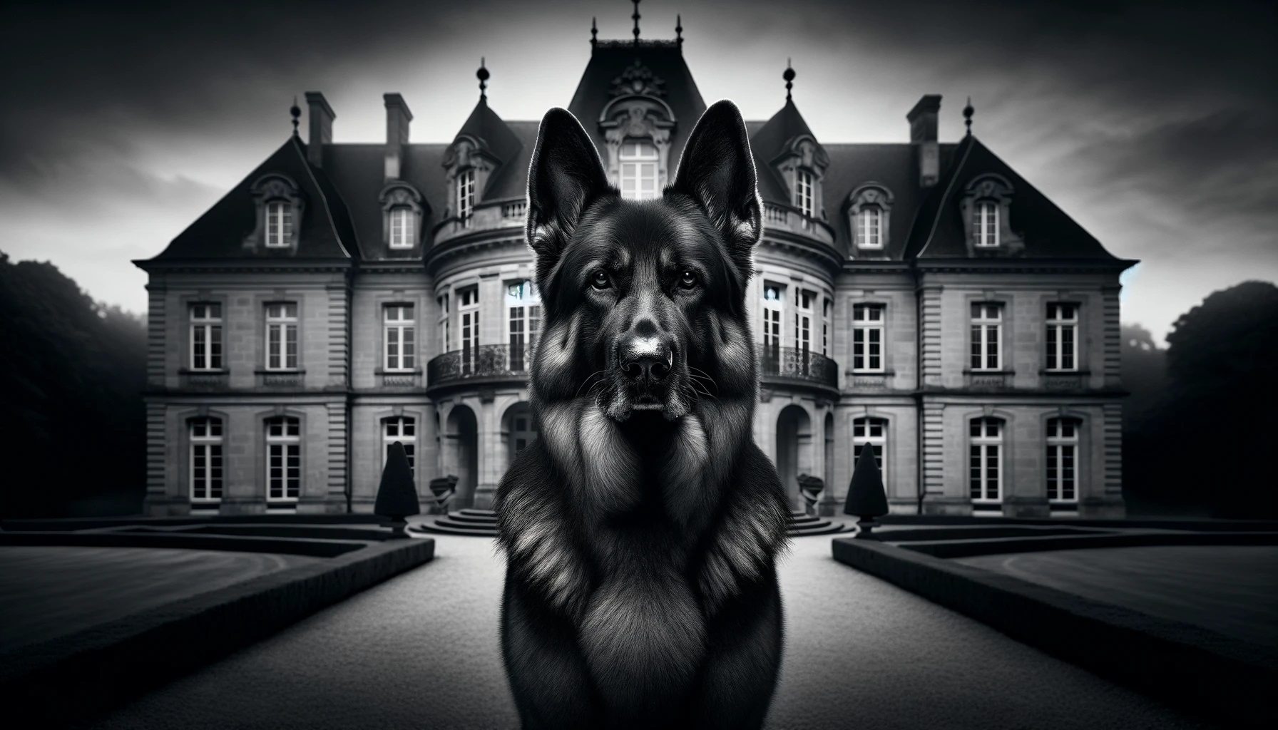 showcasing a regal and imposing German Shepherd standing at attention in front of a stately, European-style manor