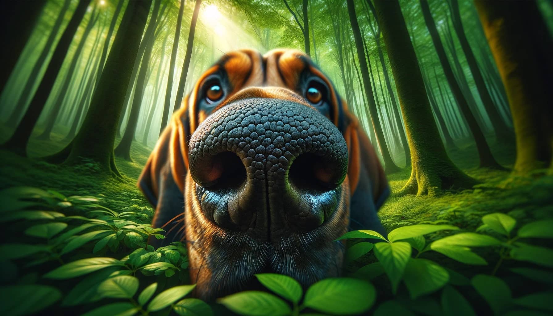 Bloodhound's detailed and wrinkled nose in an extreme close-up as it follows a scent trail in a lush, green forest